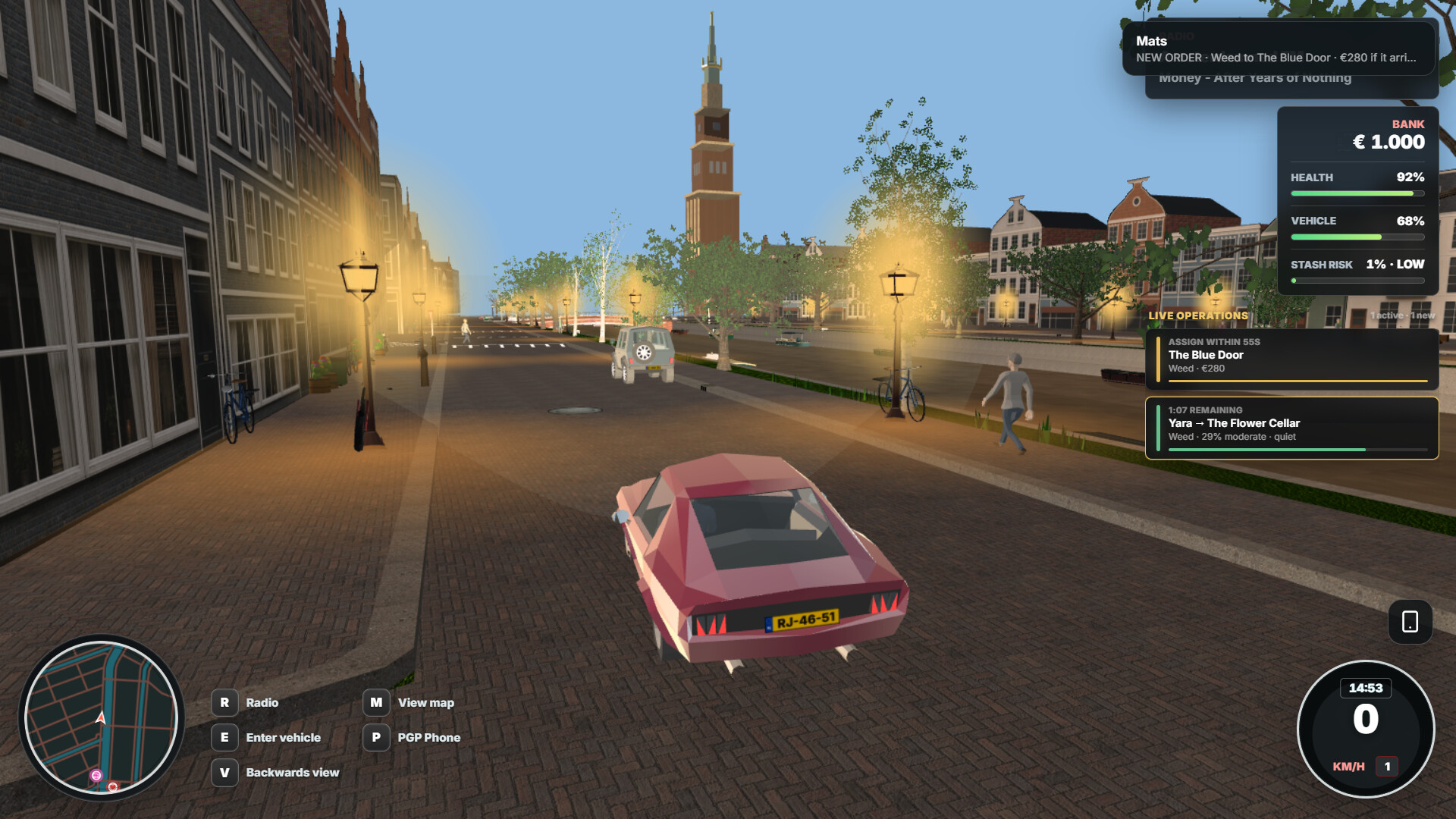 Driving beside Amsterdam’s canals in Lying Thieves: Amsterdam